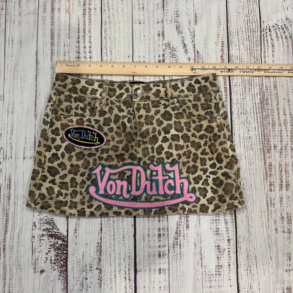 Von Dutch Originals Leopard Print Y2K Mini Skirt Flying Eyeball Women Size S EUC - Picture 10 of 11